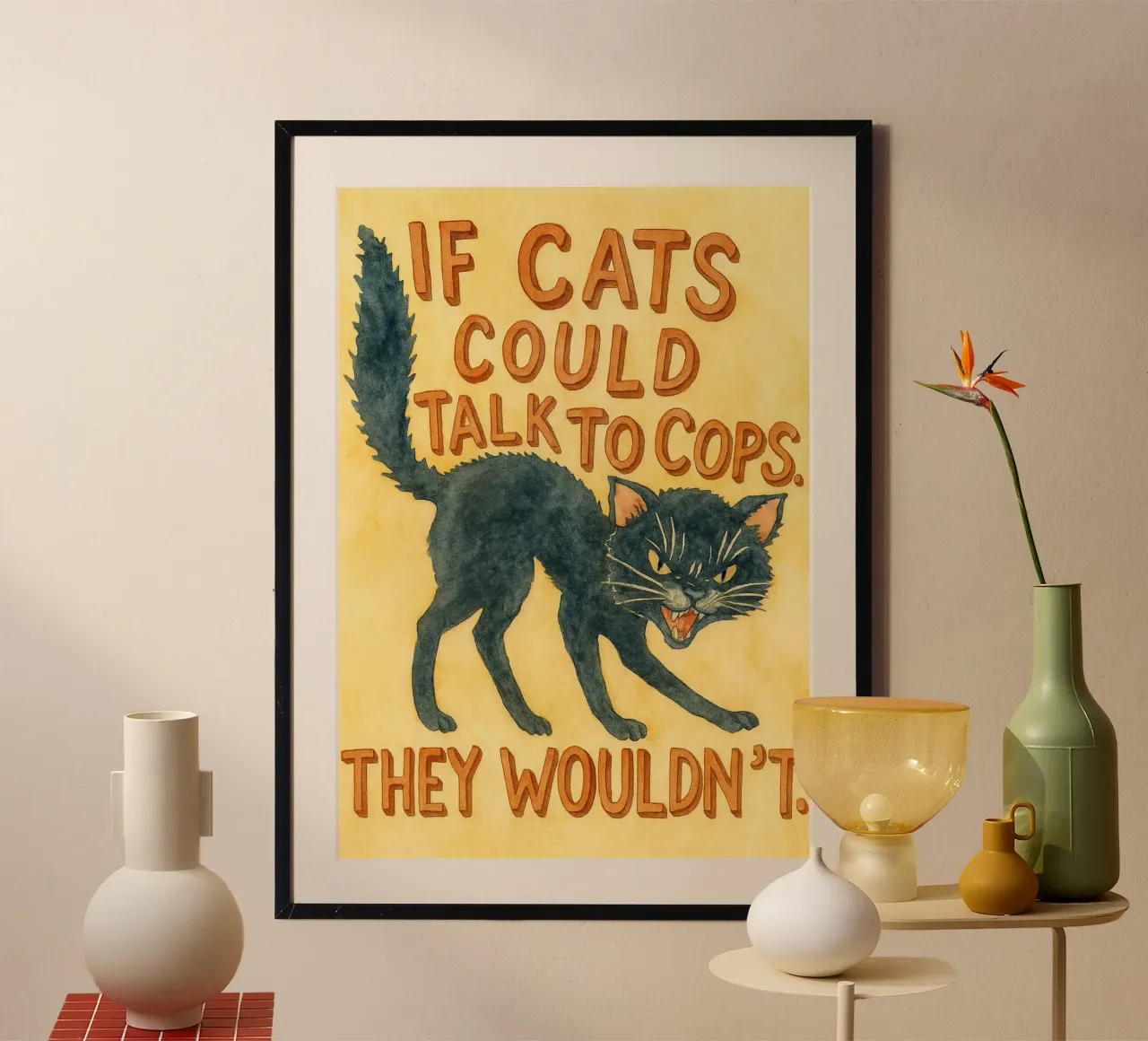 gatto nero faccia arrabbiata poster con telaio in legno da mompunks