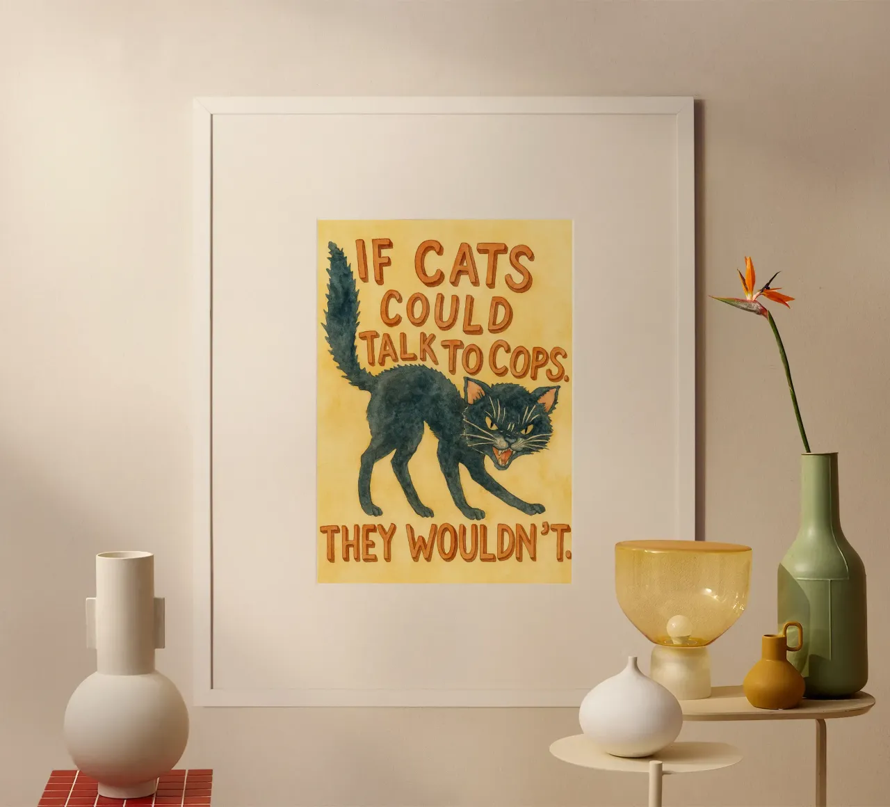 gatto nero faccia arrabbiata poster con telaio in legno da mompunks