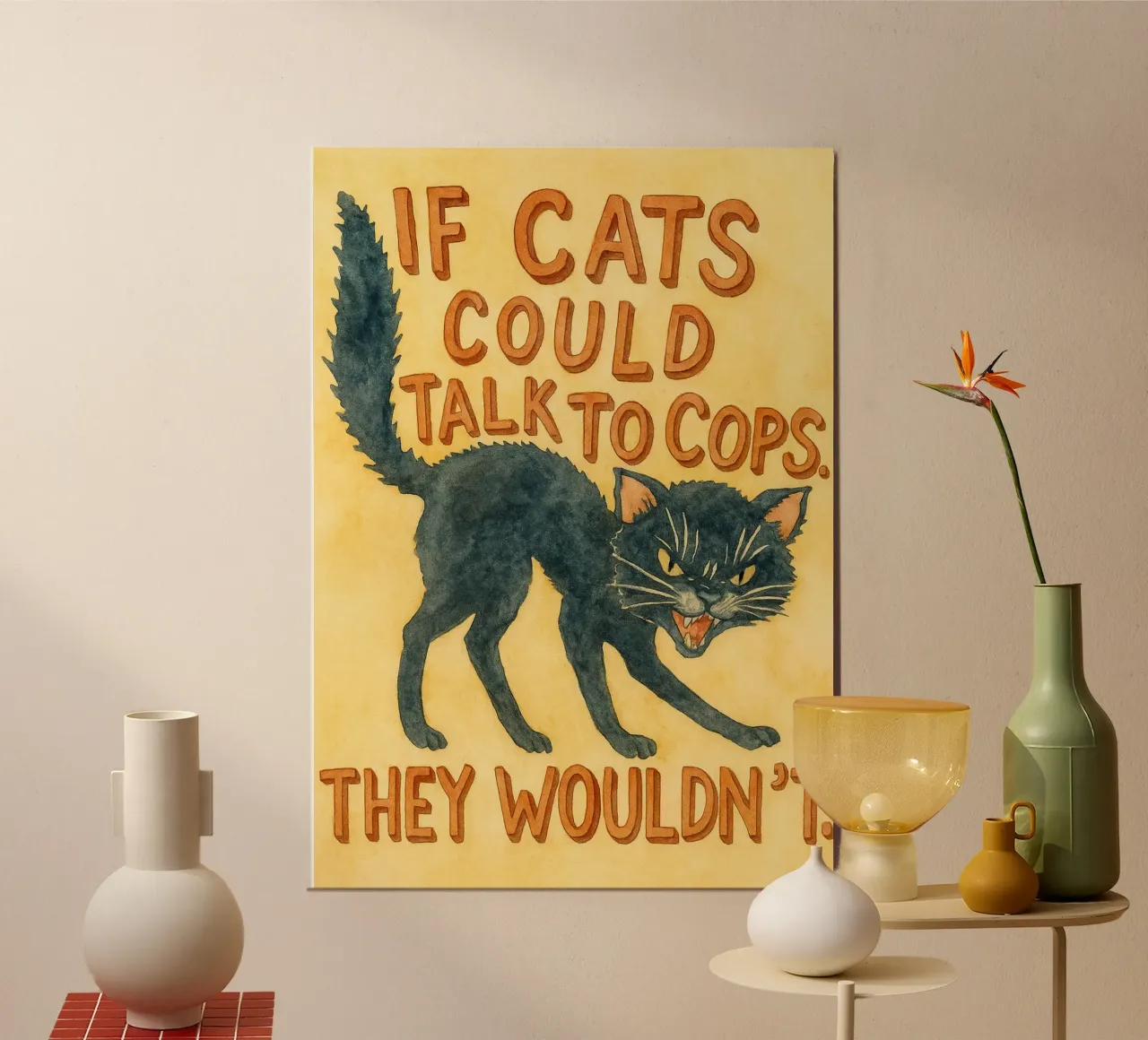gatto nero faccia arrabbiata poster con telaio in legno da mompunks