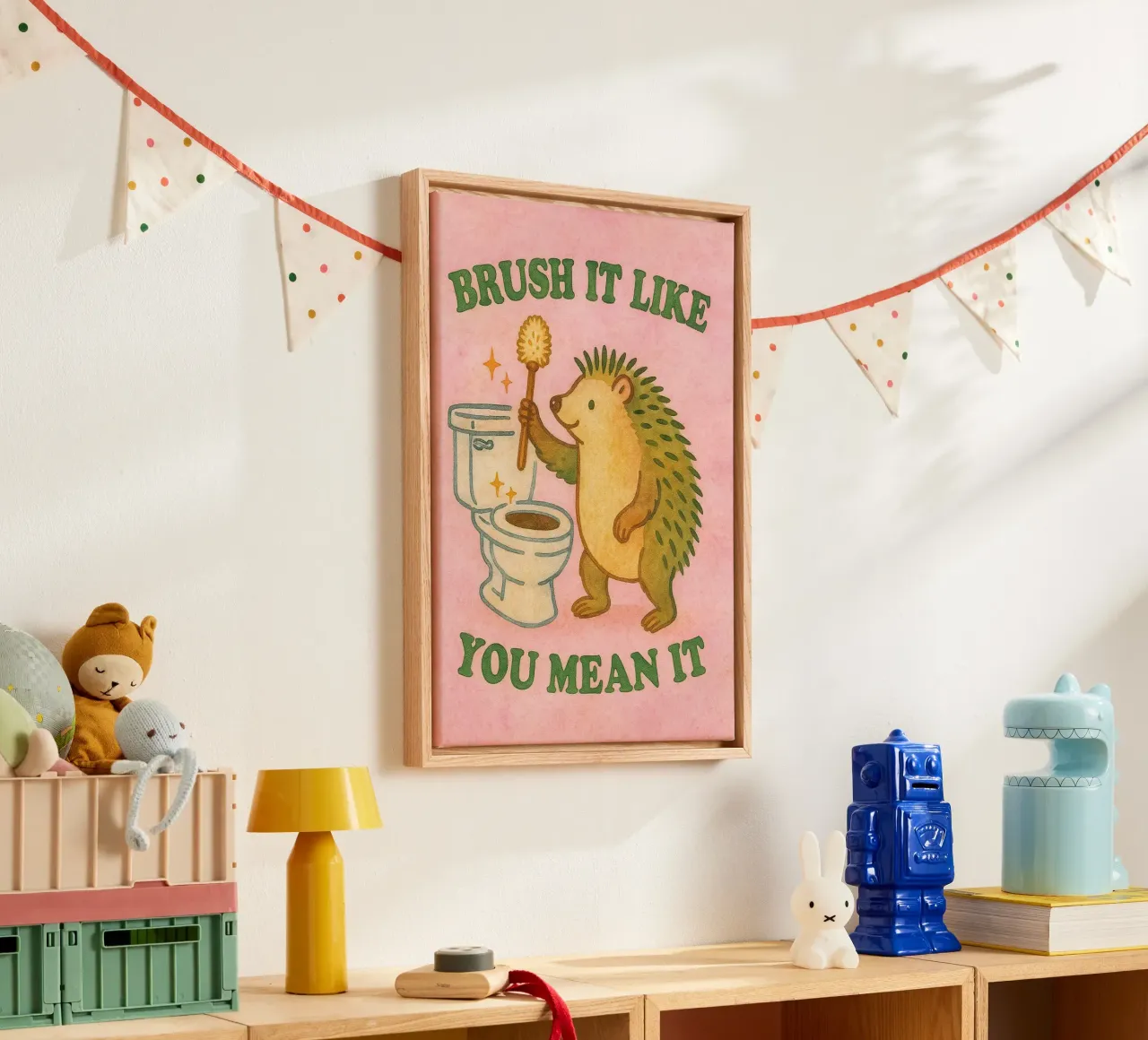bürsten Sie es, als ob Sie es ernst meinen, Igel Leinwand mit Schattenfugenrahmen von mompunks