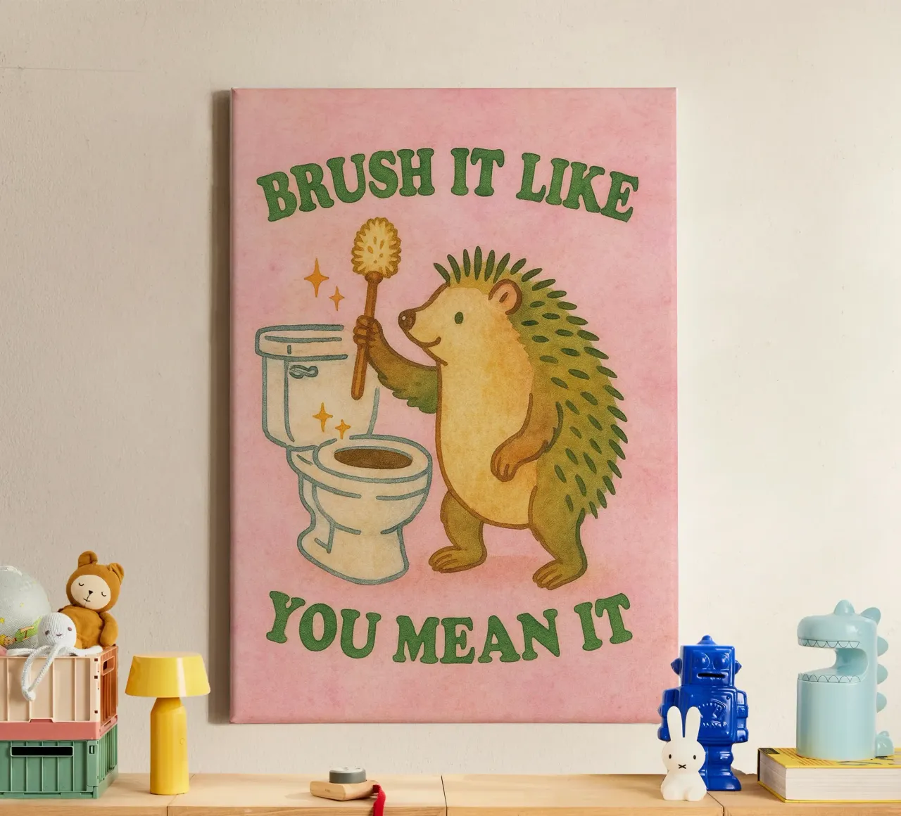 bürsten Sie es, als ob Sie es ernst meinen, Igel Leinwand mit Schattenfugenrahmen von mompunks
