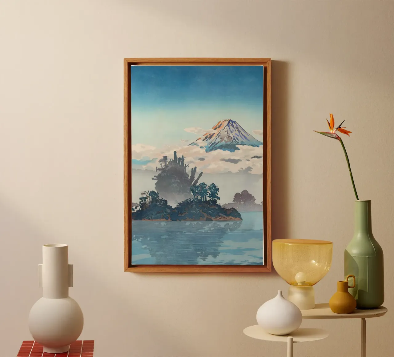 Fuji Over the Clouds and Moving Castle canvas with Floater frame by Junior Harrington