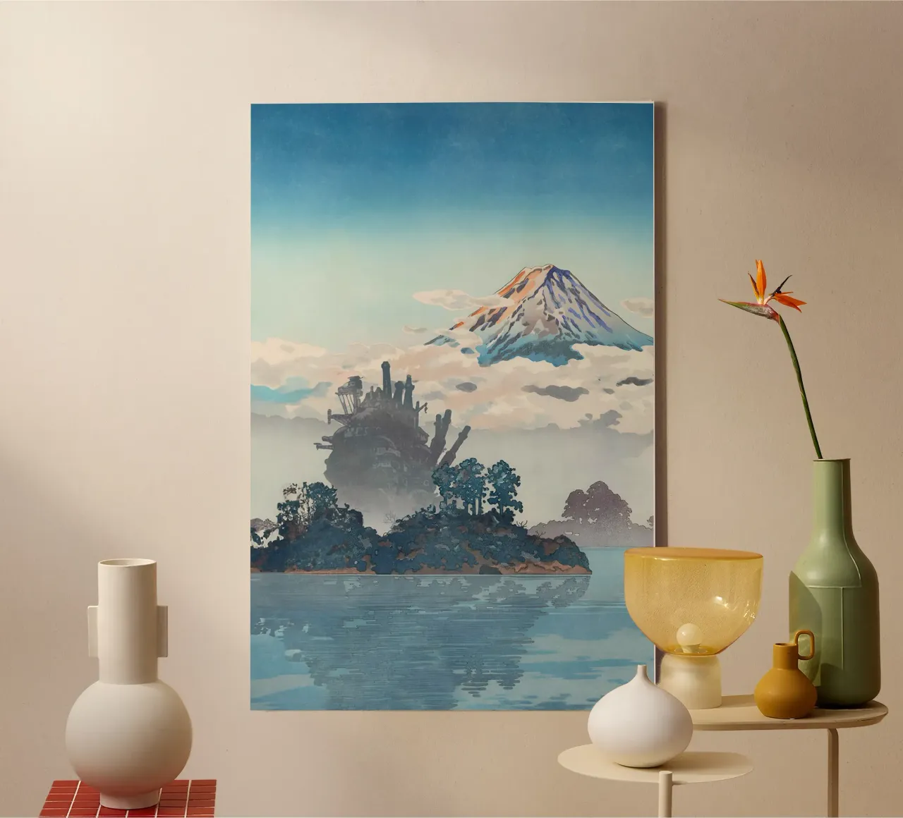 Fuji Over the Clouds and Moving Castle canvas with Floater frame by Junior Harrington