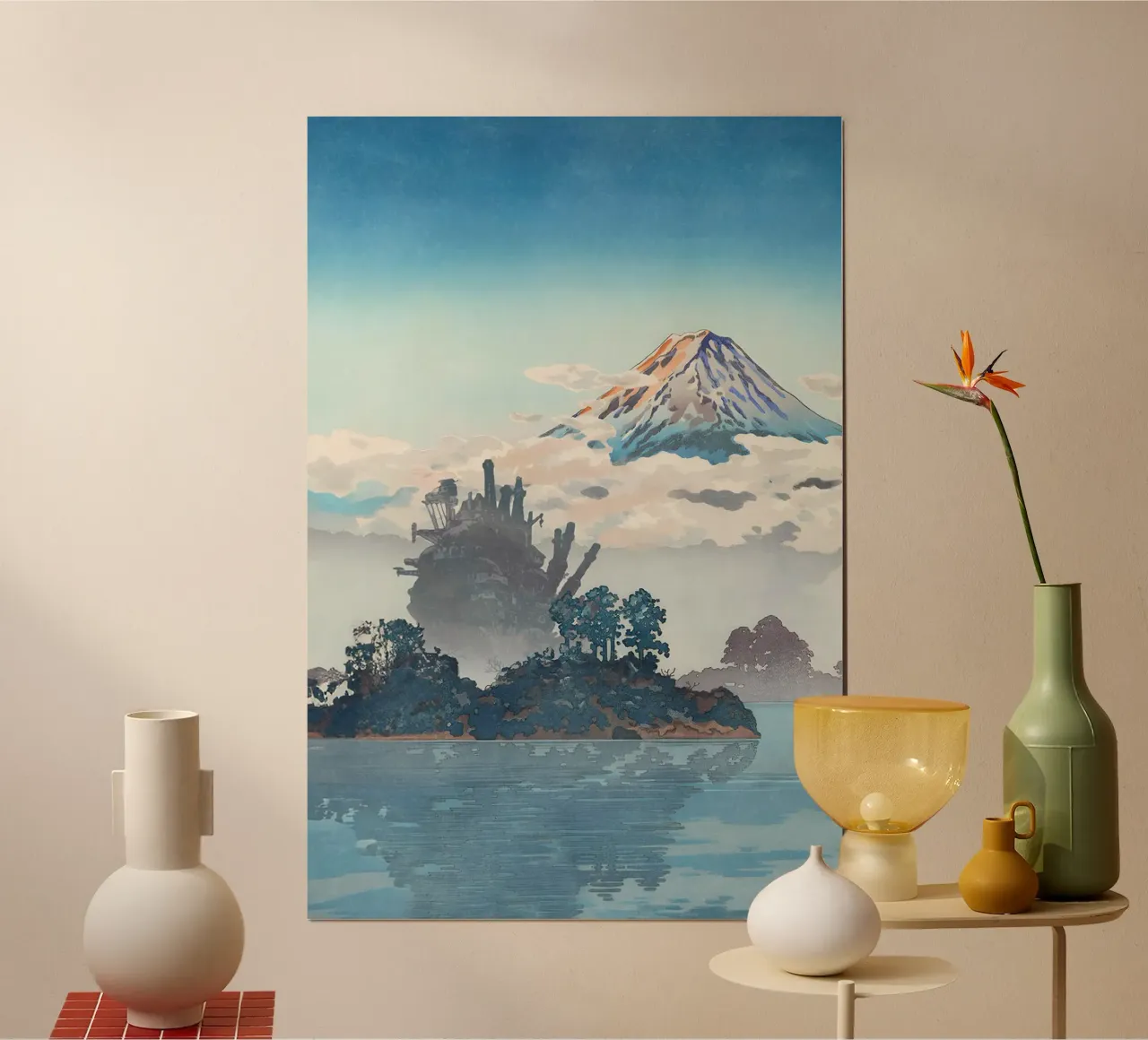 Fuji sopra le nuvole e Castello in movimento poster con telaio in alluminio da Junior Harrington
