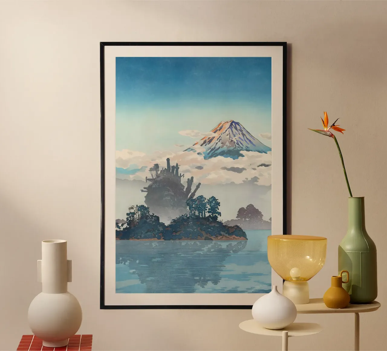 Fuji sopra le nuvole e Castello in movimento poster con telaio in alluminio da Junior Harrington