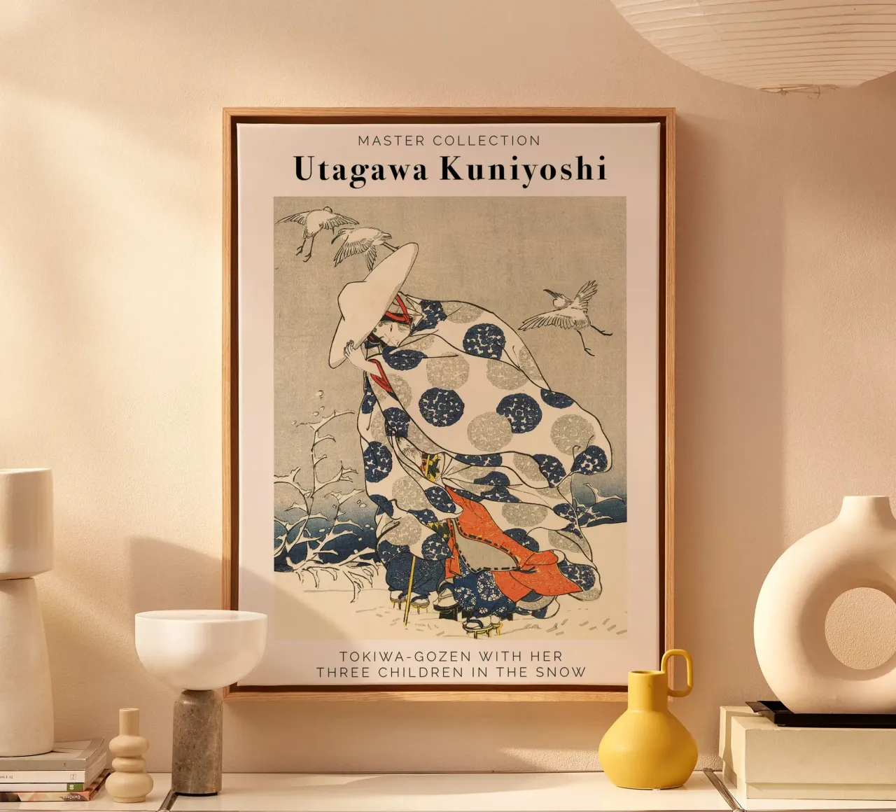 Tokiwa-Gozen met haar drie kinderen in de sneeuw canvas met Baklijst van Junior Harrington