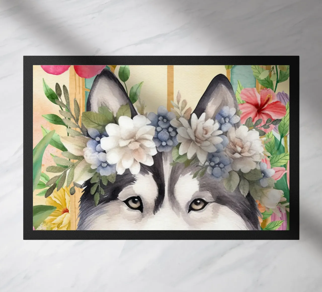 Husky con corona di fiori ritratto ad acquerello zerbino da Berwies Artwork