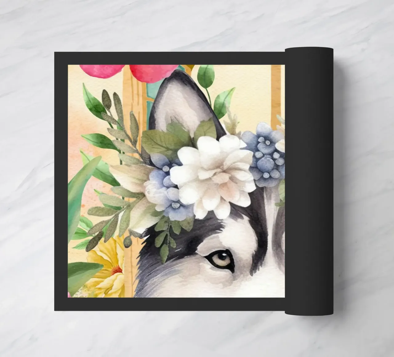 Husky con corona di fiori ritratto ad acquerello zerbino da Berwies Artwork