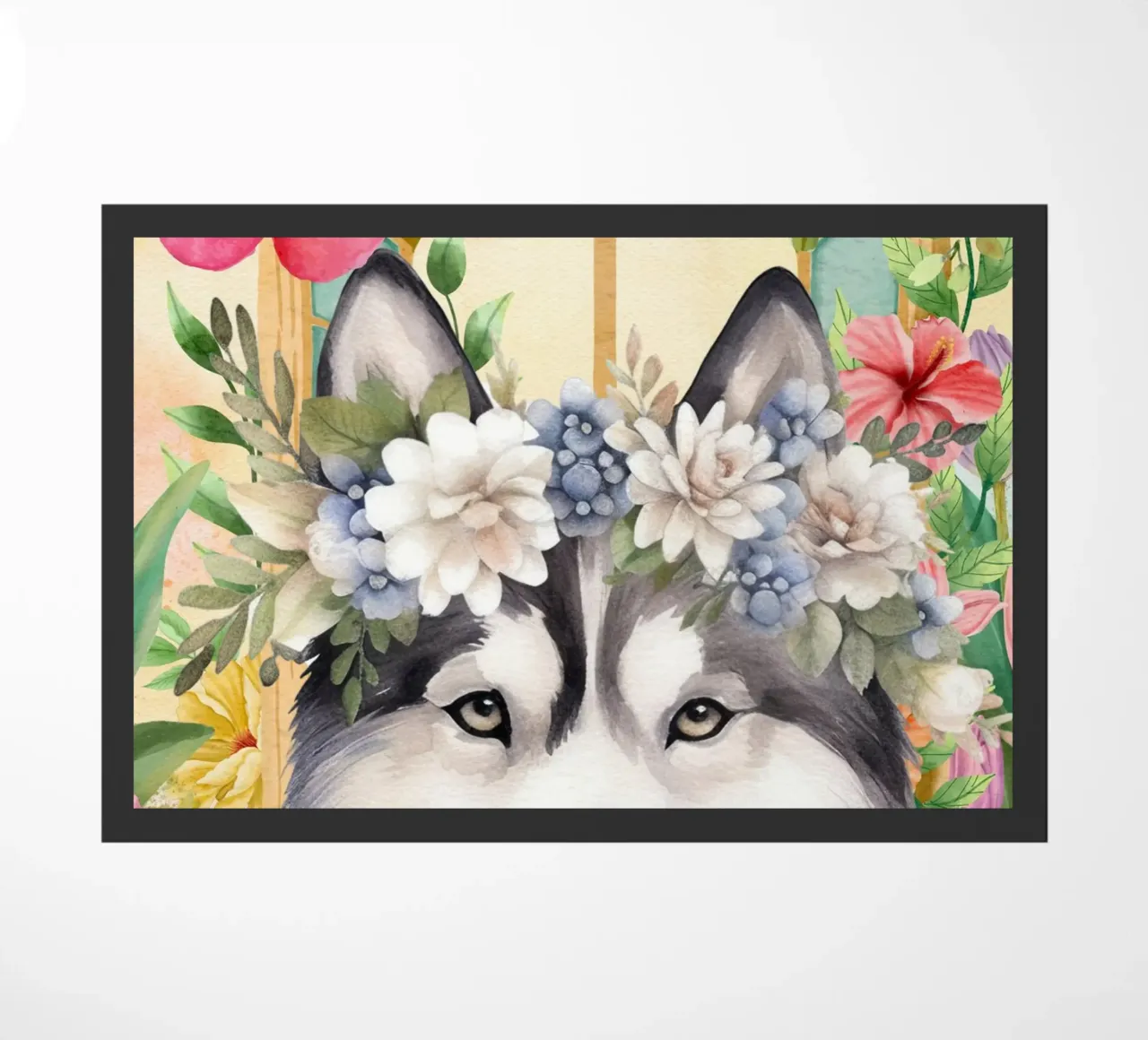 Husky con corona di fiori ritratto ad acquerello zerbino da Berwies Artwork