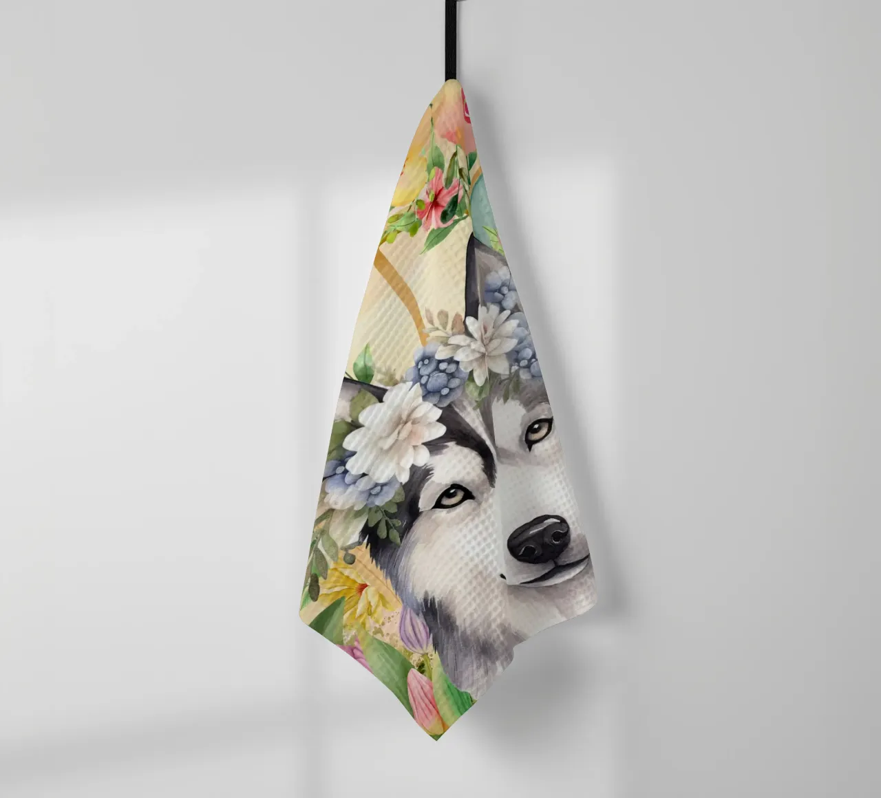Husky con corona di fiori ritratto ad acquerello canovaccio da cucina da Berwies Artwork
