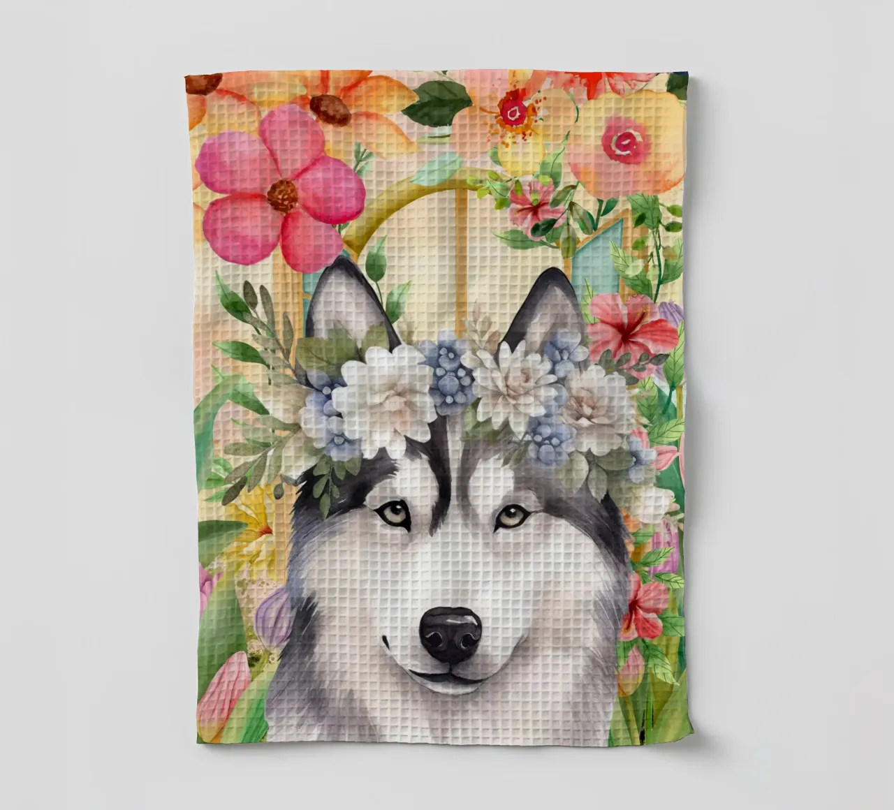 Husky con corona di fiori ritratto ad acquerello canovaccio da cucina da Berwies Artwork