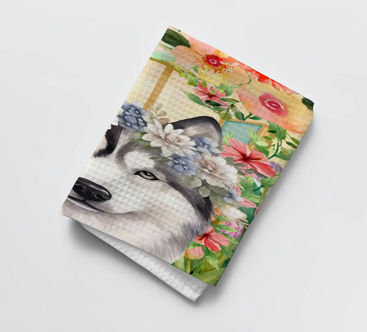 Husky con corona di fiori ritratto ad acquerello canovaccio da cucina da Berwies Artwork