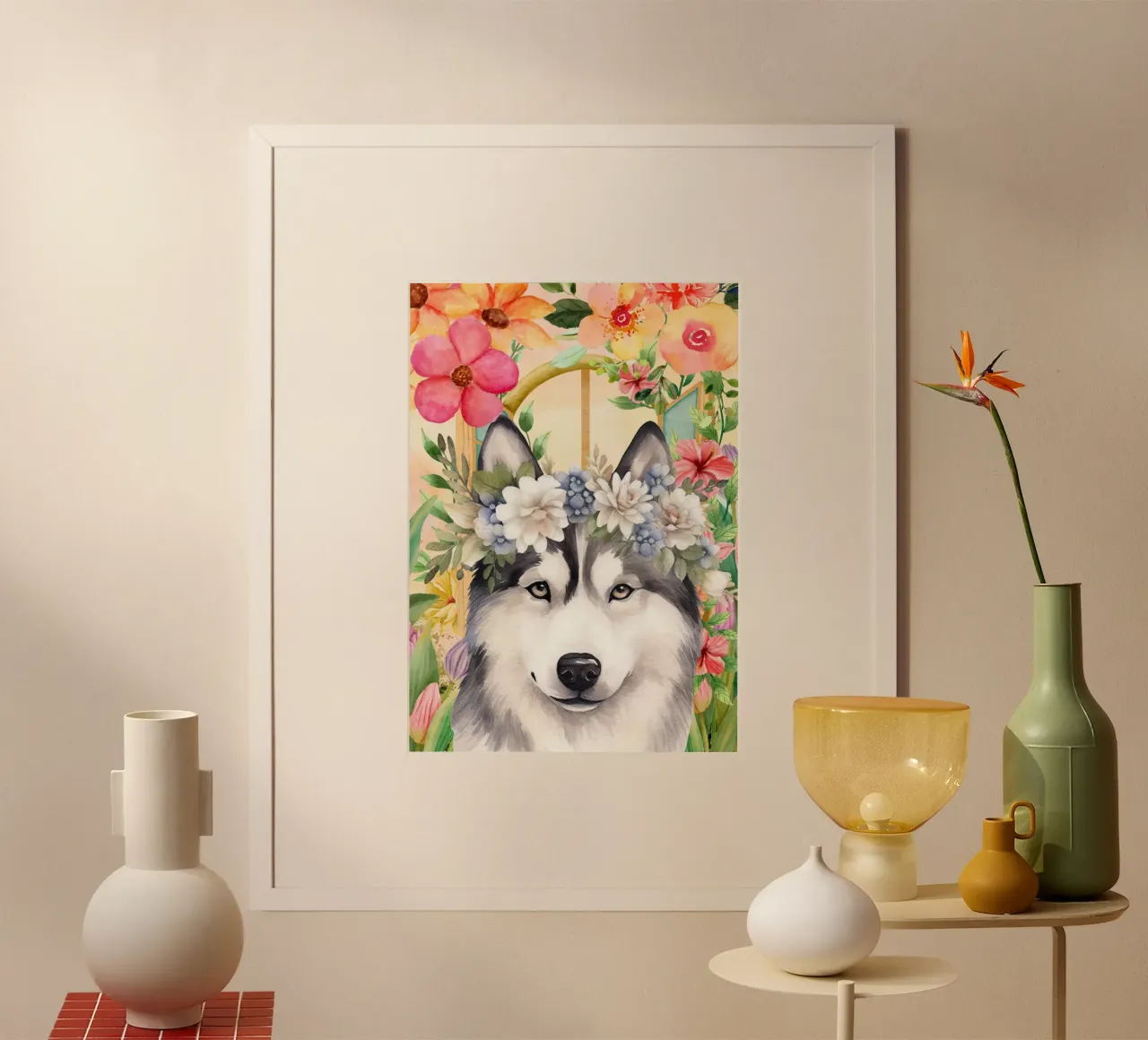 Husky con corona di fiori ritratto ad acquerello poster da Berwies Artwork