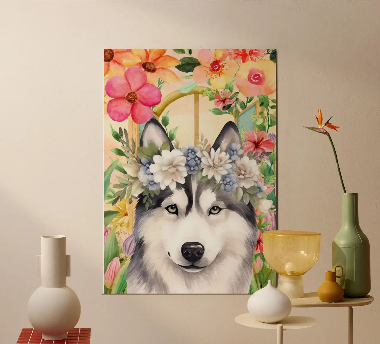 Husky con corona di fiori ritratto ad acquerello poster da Berwies Artwork