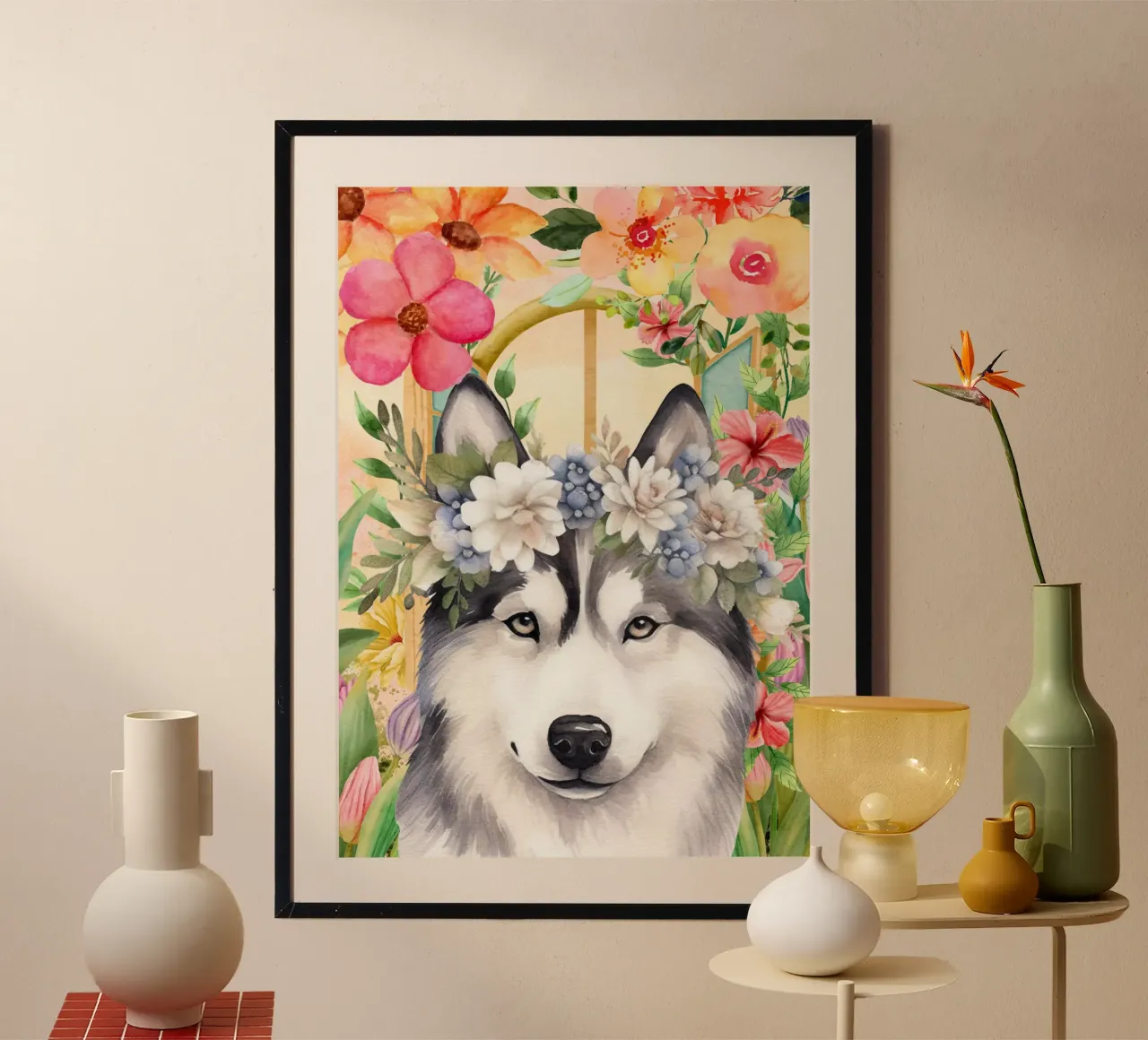Husky con corona di fiori ritratto ad acquerello poster da Berwies Artwork