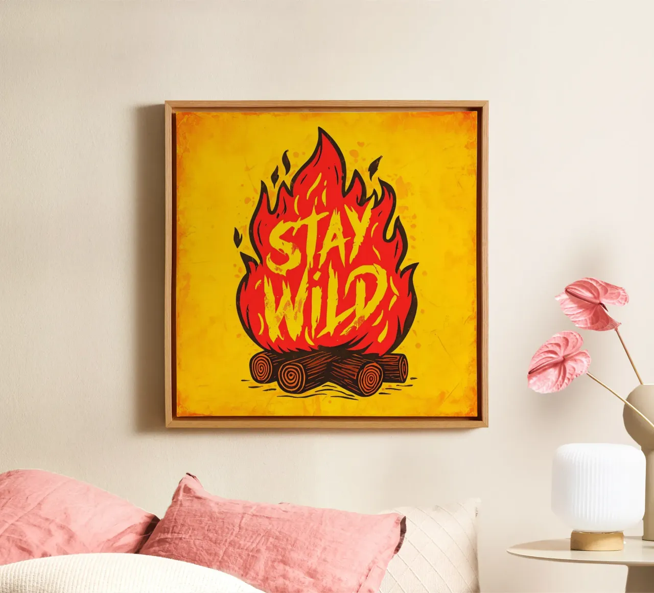 "Stay Wild" Campfire: A Rustic Adventure & Freedom Art Print canvas with Floater frame by inspirational quote