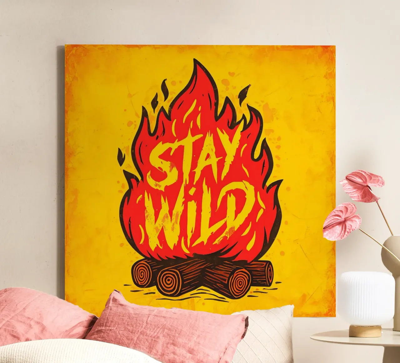 "Stay Wild" Campfire: A Rustic Adventure & Freedom Art Print canvas with Floater frame by inspirational quote