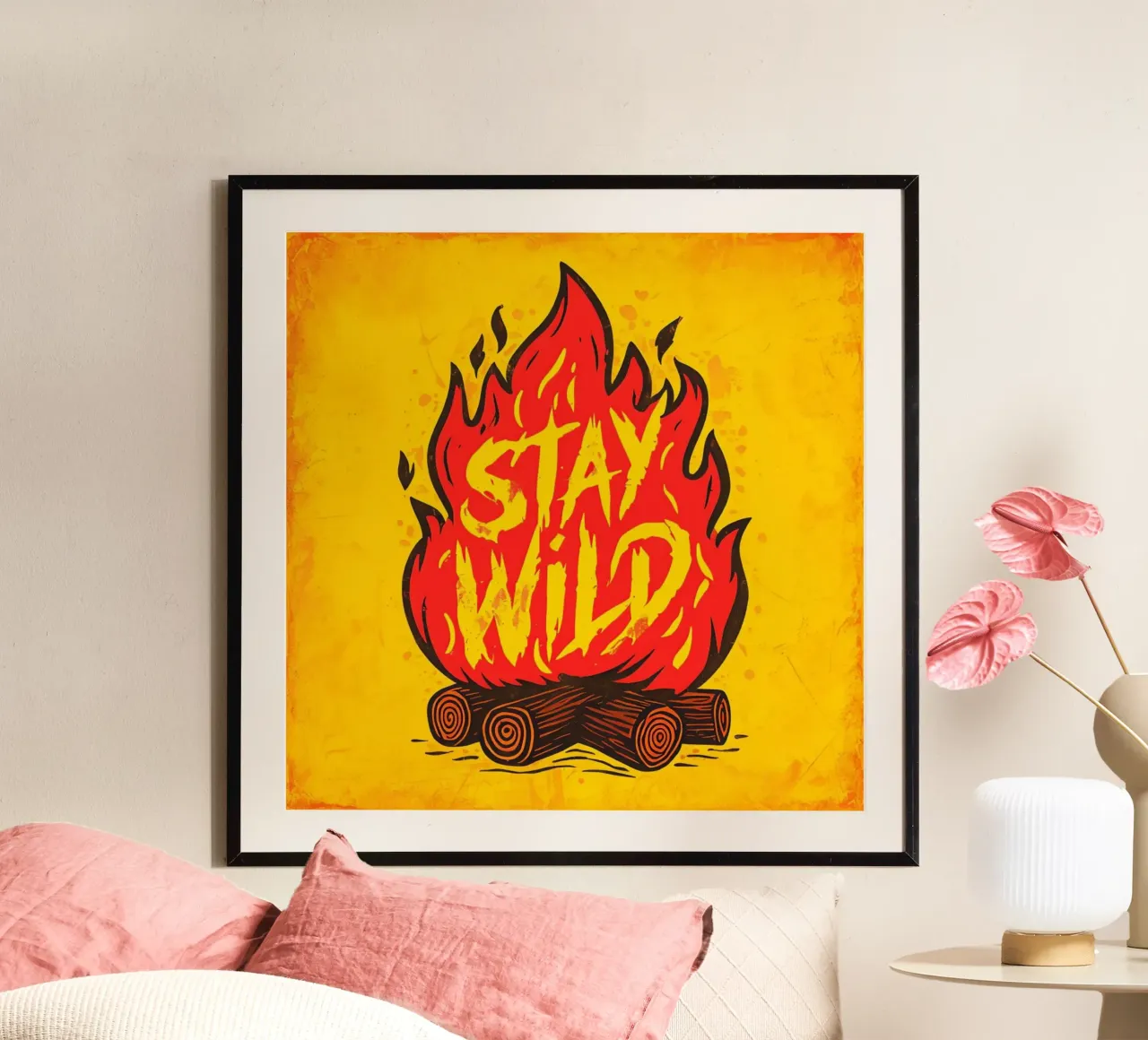 "Blijf Wild" Kampvuur: Rustiek avontuur en vrijheid poster met kunststof frame van inspirational quote