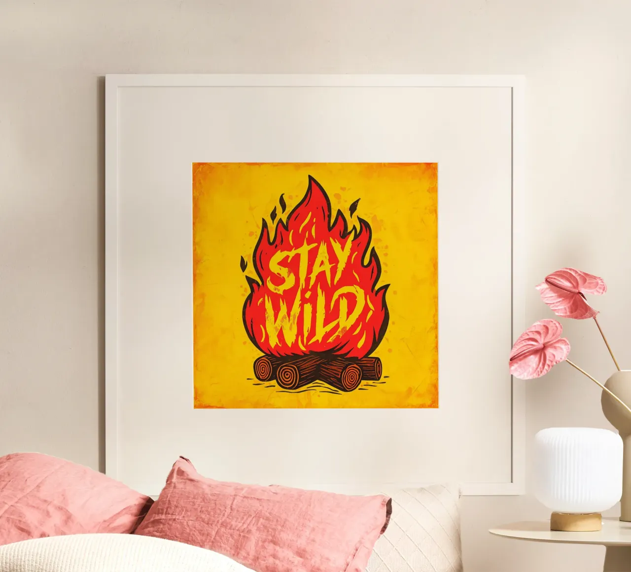 "Blijf Wild" Kampvuur: Rustiek avontuur en vrijheid poster met kunststof frame van inspirational quote