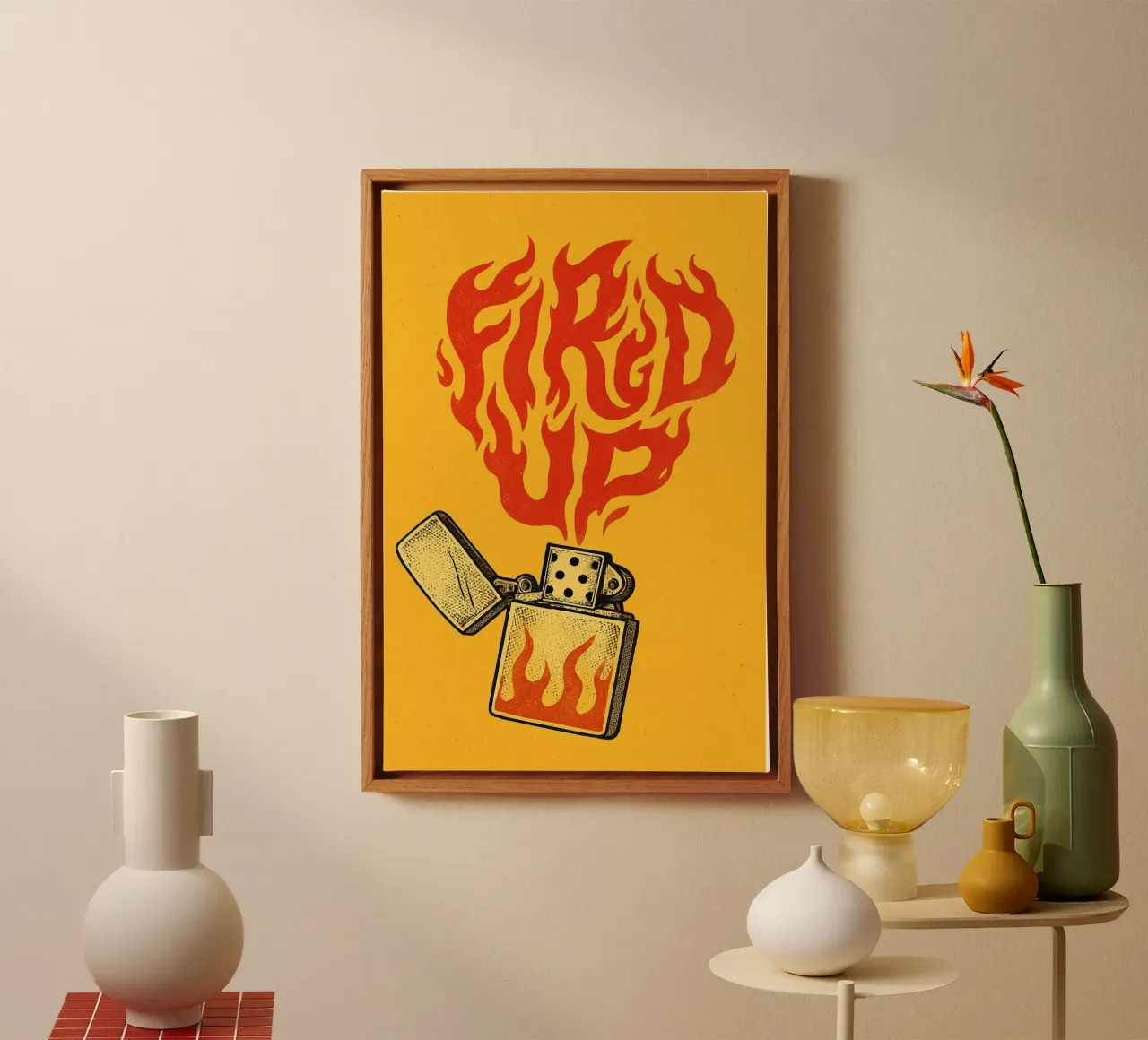 Enciende tu pasión: Ilustración de un encendedor "Fired Up" para t lienzo con Marco flotante de inspirational quote