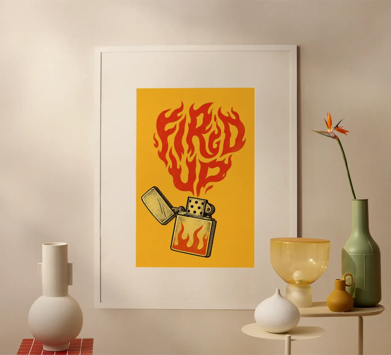 Accendi la tua passione: Illustrazione di un accendino "Fired Up" per il t poster con telaio in plastica da inspirational quote