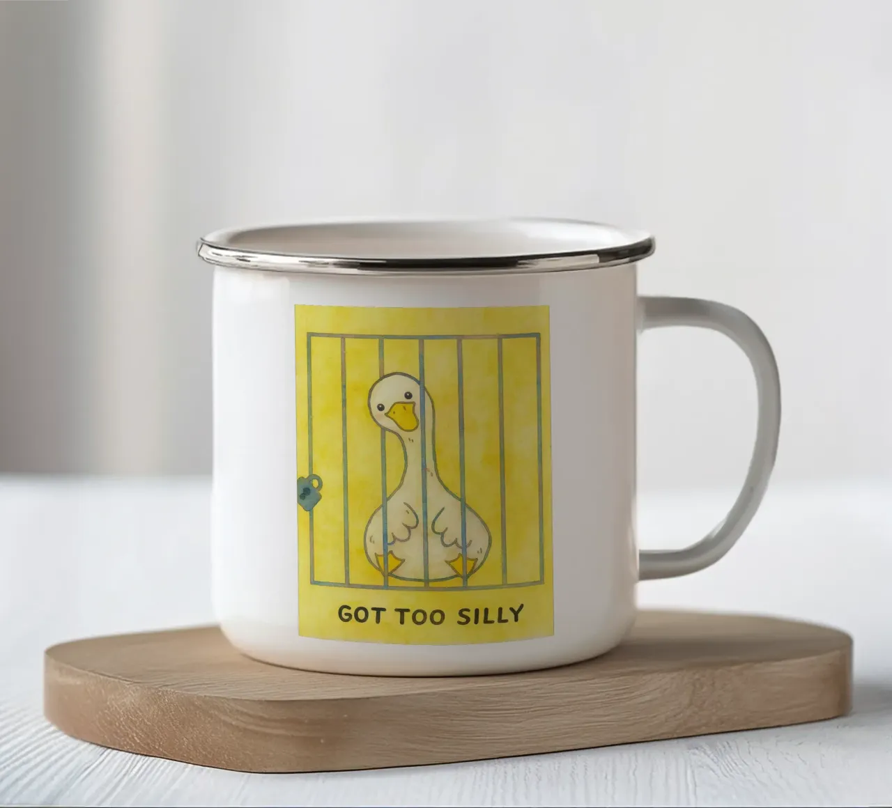 ha raggiunto l'oca giuliva tazza in smalto da mompunks