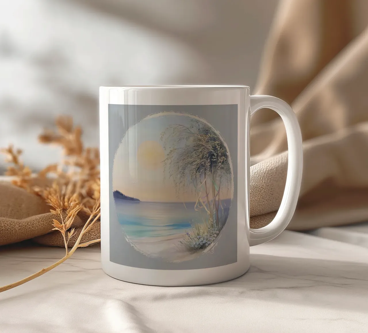 Serenità costiera: Un paesaggio onirico a fuoco morbido tazza in ceramica da inspirational quote