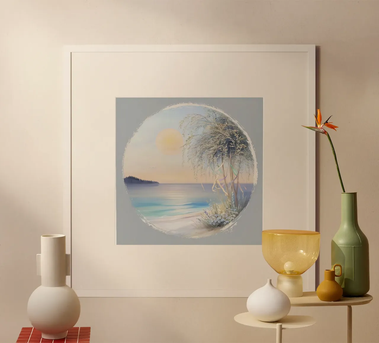 Serenità costiera: Un paesaggio onirico a fuoco morbido poster con telaio in alluminio da inspirational quote