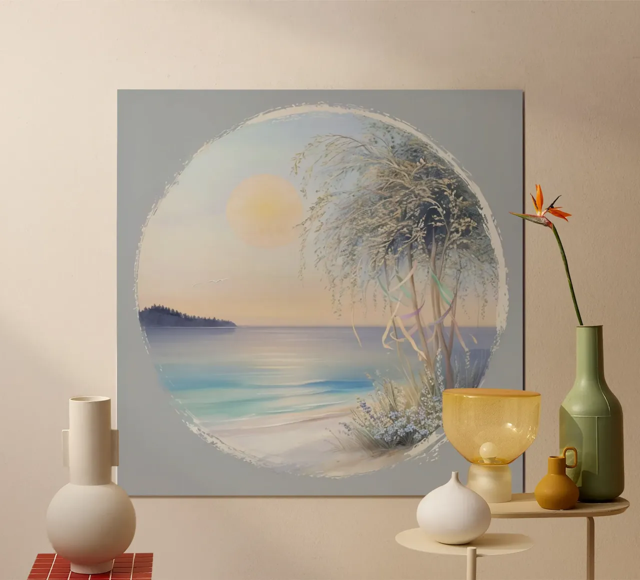 Serenità costiera: Un paesaggio onirico a fuoco morbido poster con telaio in alluminio da inspirational quote