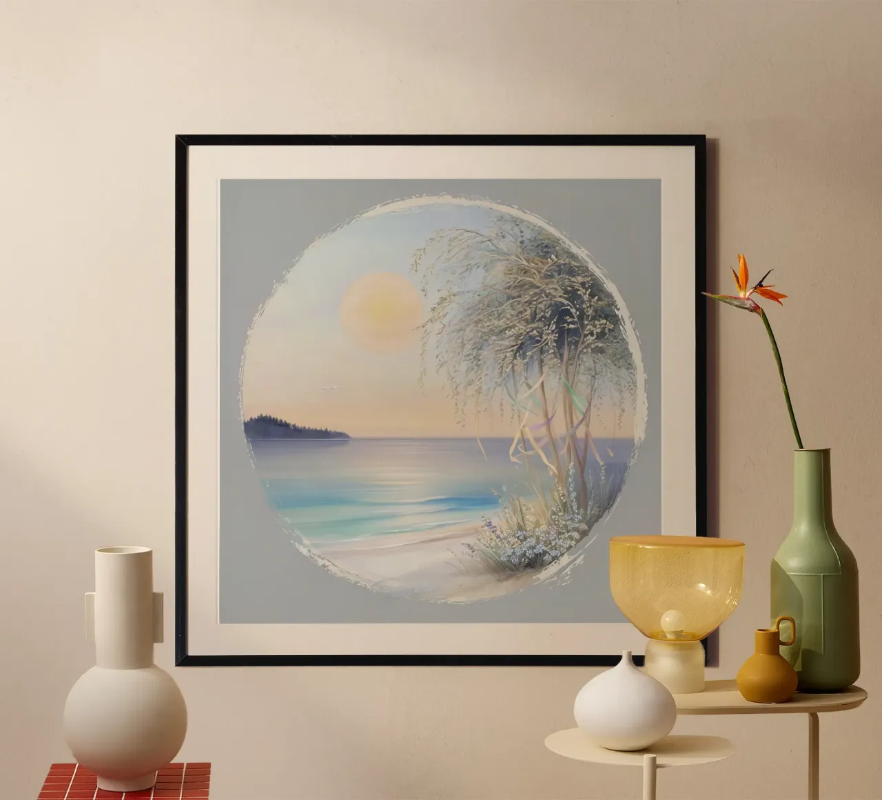 Serenità costiera: Un paesaggio onirico a fuoco morbido poster con telaio in alluminio da inspirational quote