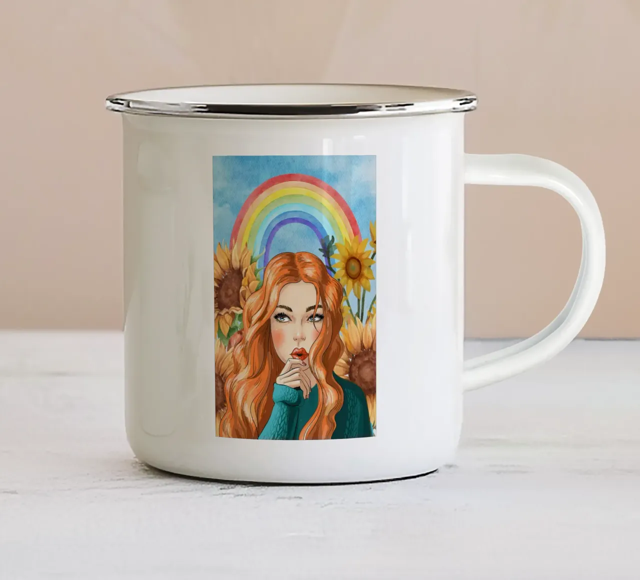 donna con girasoli e arcobaleno tazza in smalto da Berwies Artwork