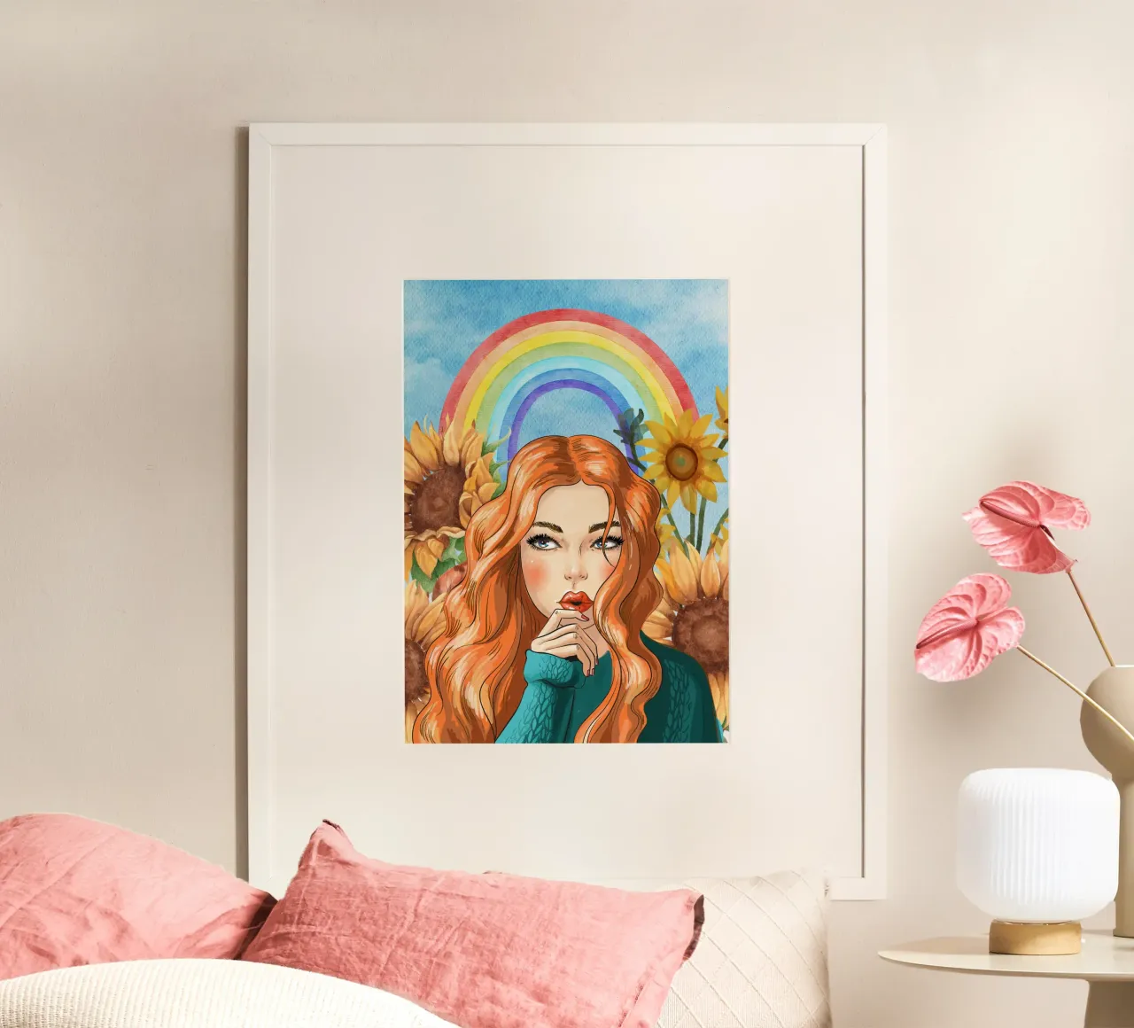 donna con girasoli e arcobaleno poster con telaio in alluminio da Berwies Artwork