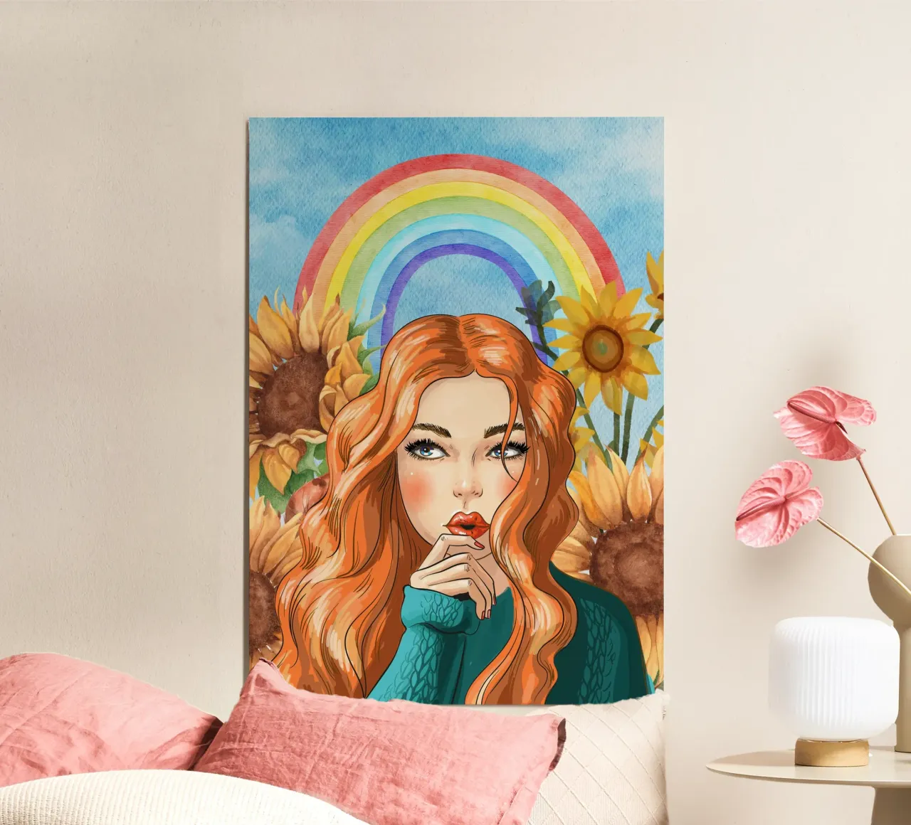 donna con girasoli e arcobaleno poster con telaio in alluminio da Berwies Artwork