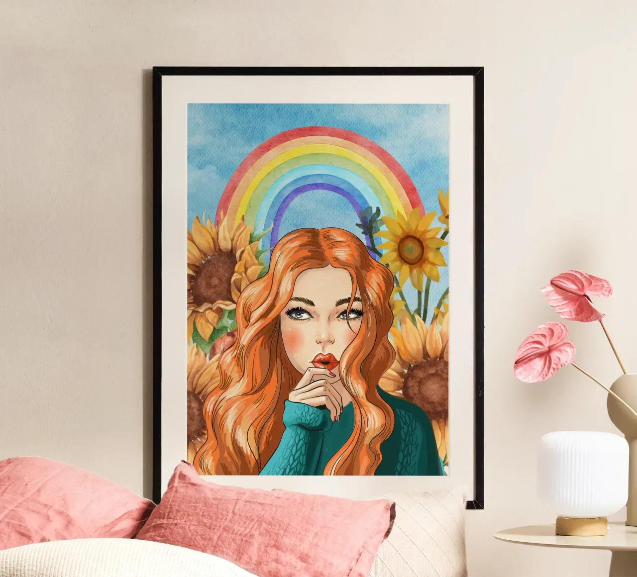 donna con girasoli e arcobaleno poster con telaio in alluminio da Berwies Artwork