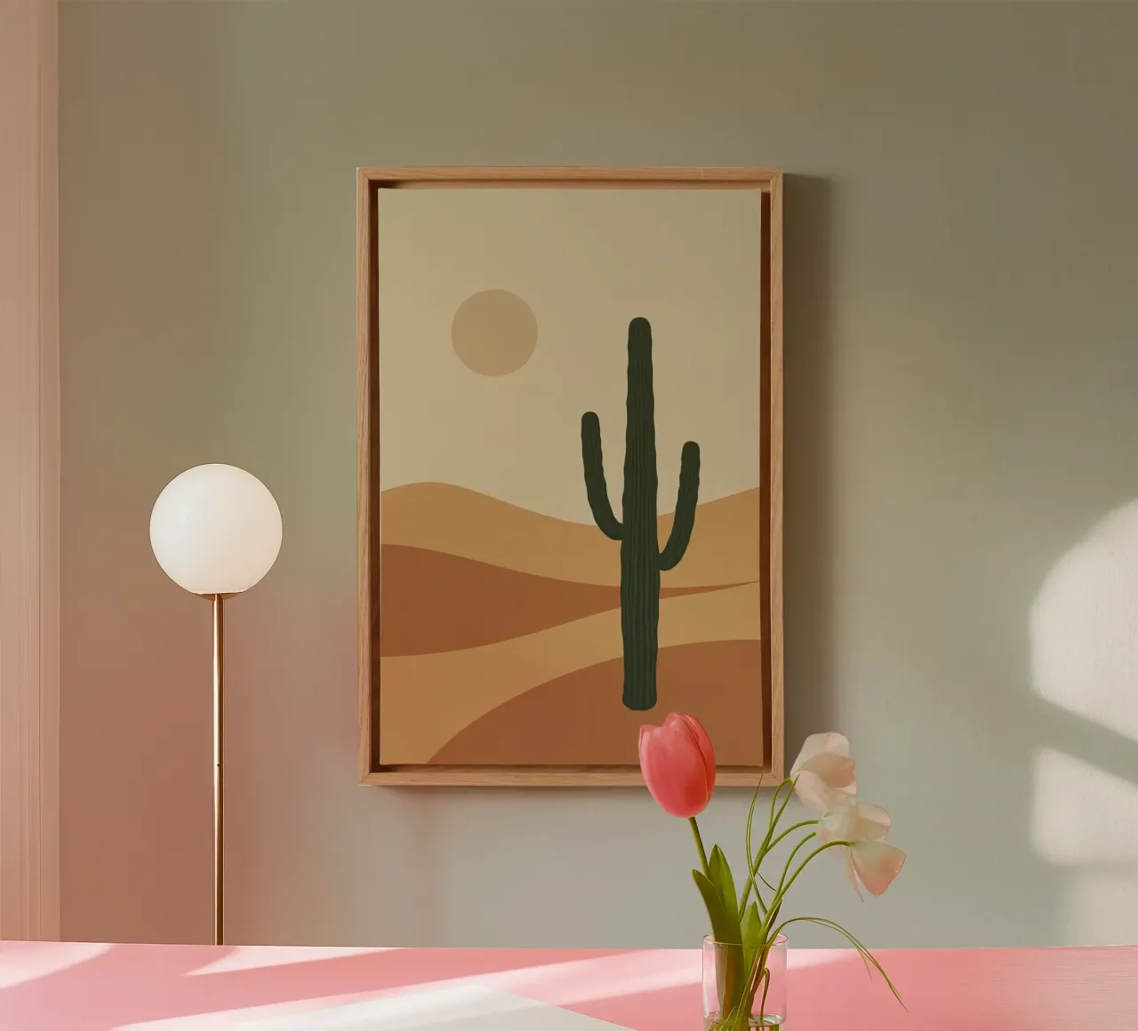 Paesaggio desertico con cactus Saguaro e illustrazione del sole tela con Cornice a cassetta da DesignDoodle