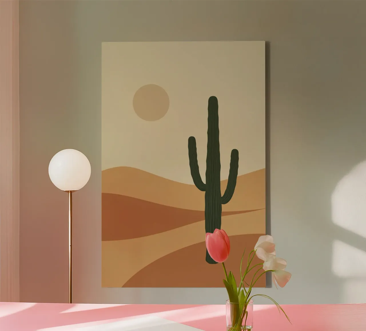 Paesaggio desertico con cactus Saguaro e illustrazione del sole tela con Cornice a cassetta da DesignDoodle
