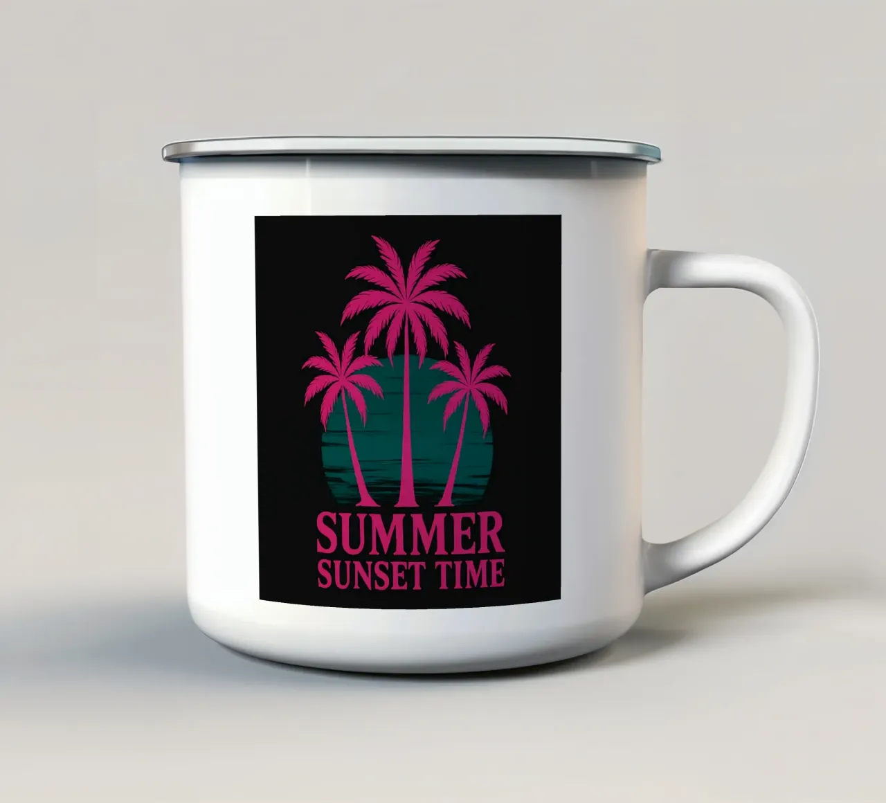 Design di maglietta con palme e retrò per l'ora del tramonto estivo tazza in smalto da inspirational quote