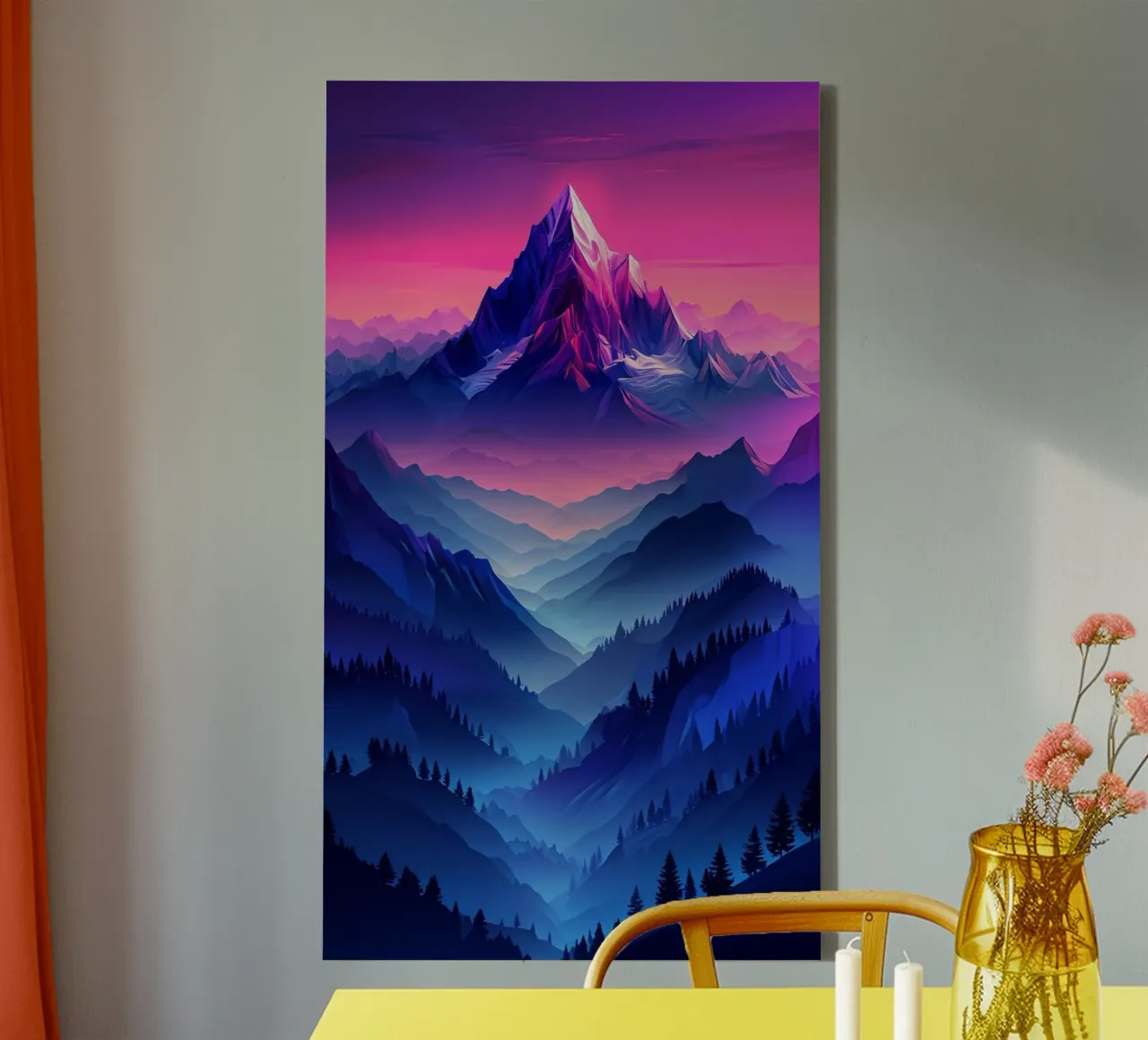 Majestueuze berg Aurora: Een levendig landschap met zonsonderganggradiënt canvas met Baklijst van Artistic-shop