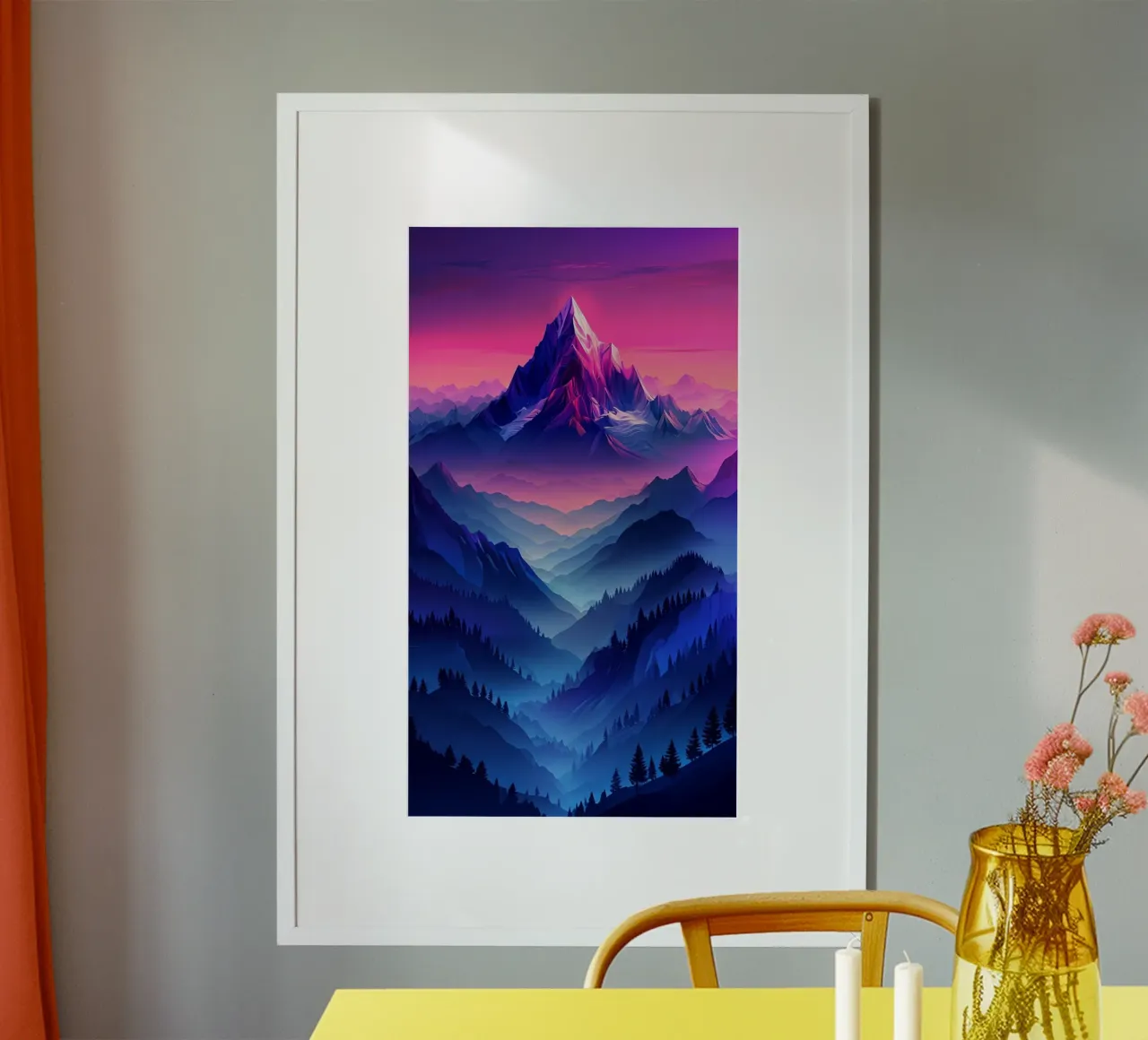 Majestueuze berg Aurora: Een levendig landschap met zonsonderganggradiënt poster van Artistic-shop
