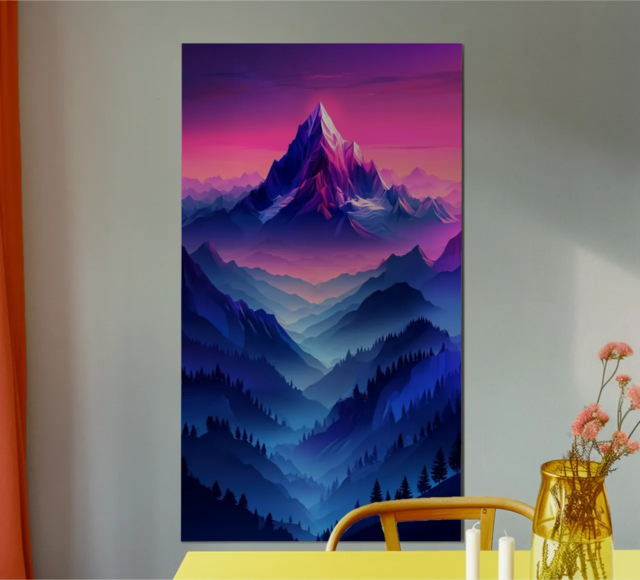 Majestueuze berg Aurora: Een levendig landschap met zonsonderganggradiënt poster van Artistic-shop