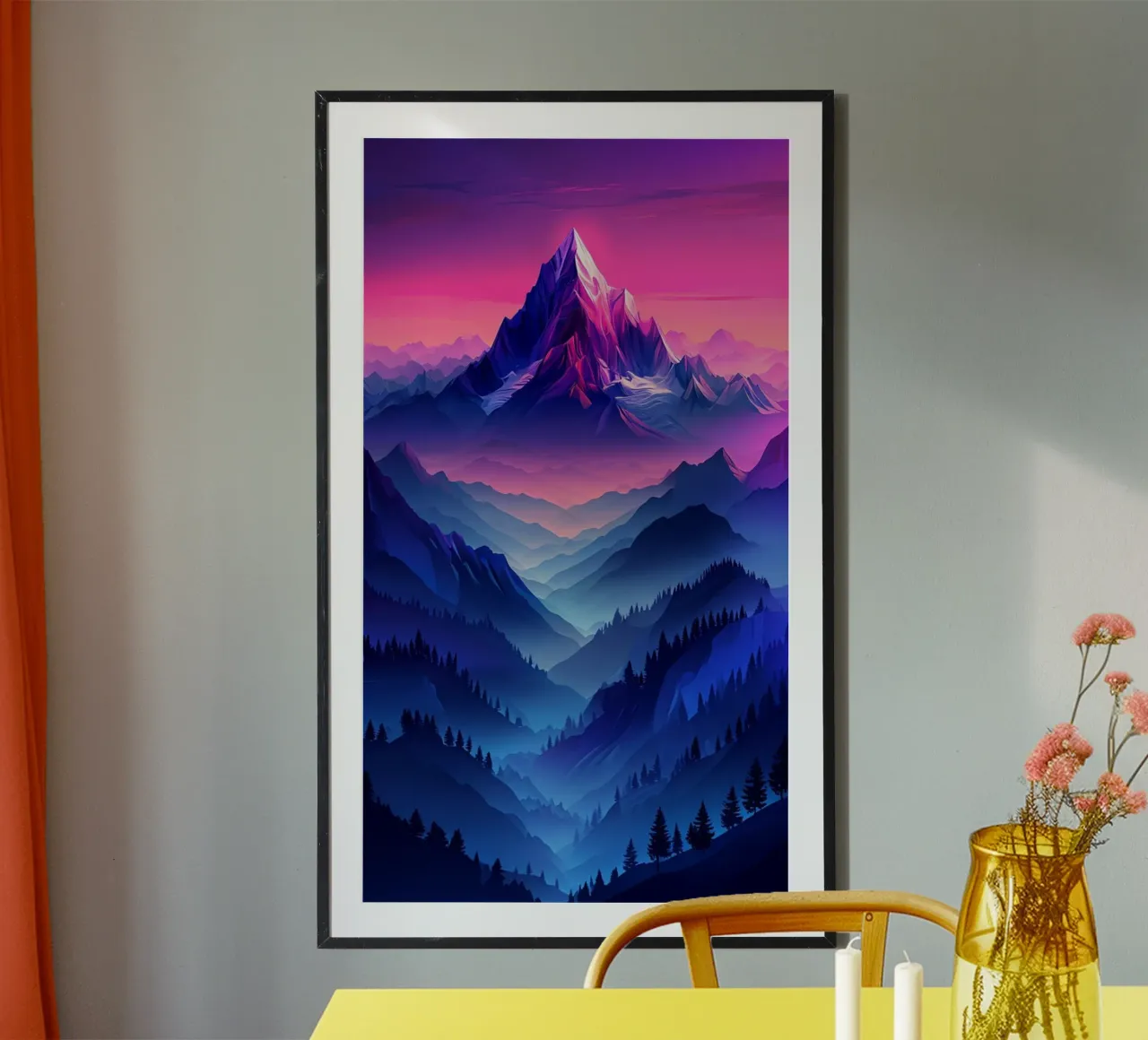 Majestueuze berg Aurora: Een levendig landschap met zonsonderganggradiënt poster van Artistic-shop