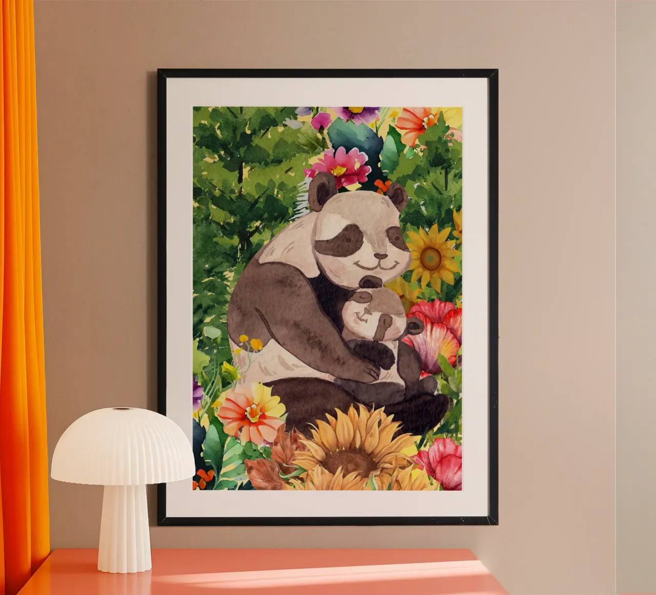 Illustrazione ad acquerello di madre e cucciolo di panda poster con telaio in alluminio da Berwies Artwork