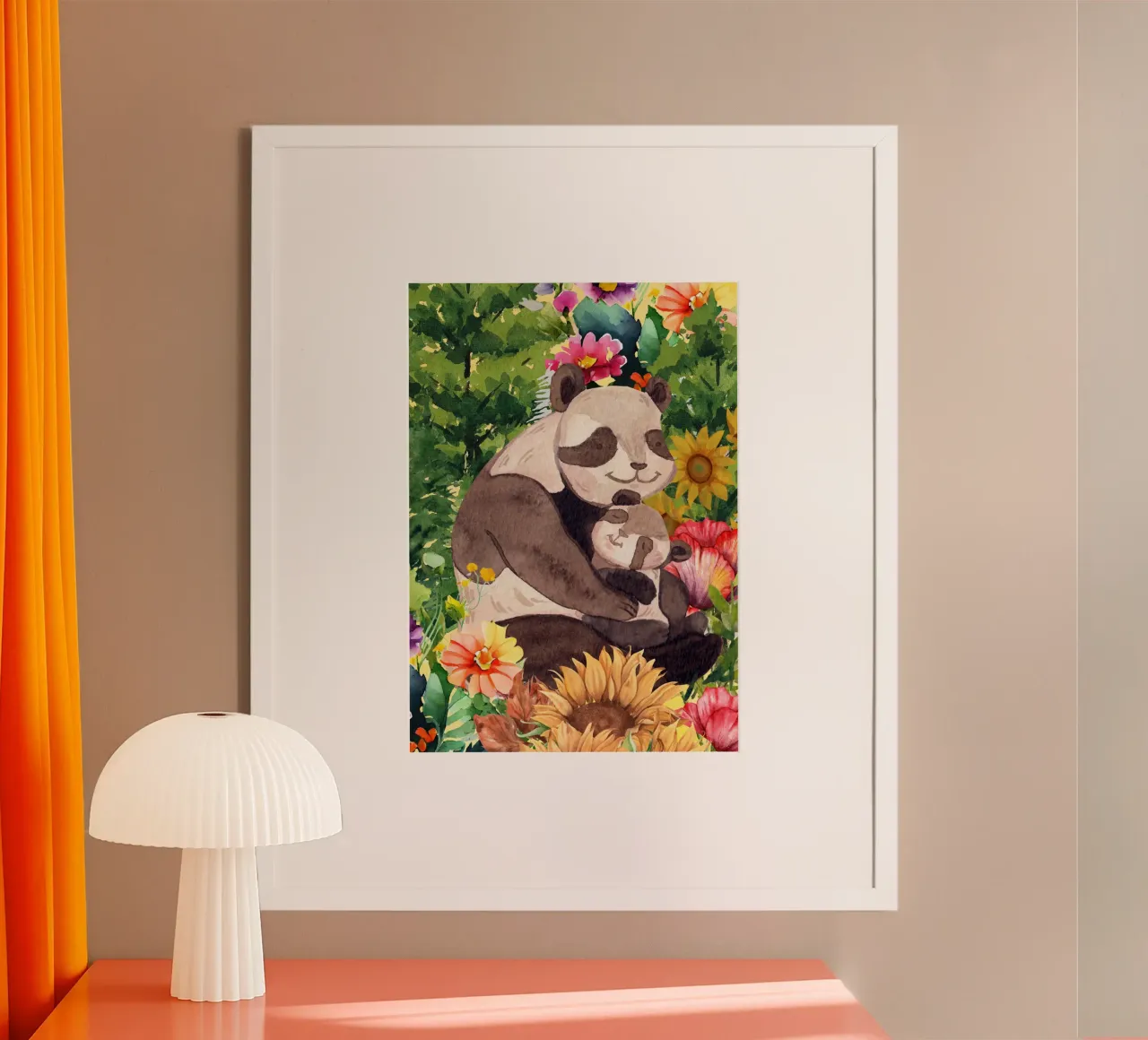 Illustrazione ad acquerello di madre e cucciolo di panda poster con telaio in alluminio da Berwies Artwork