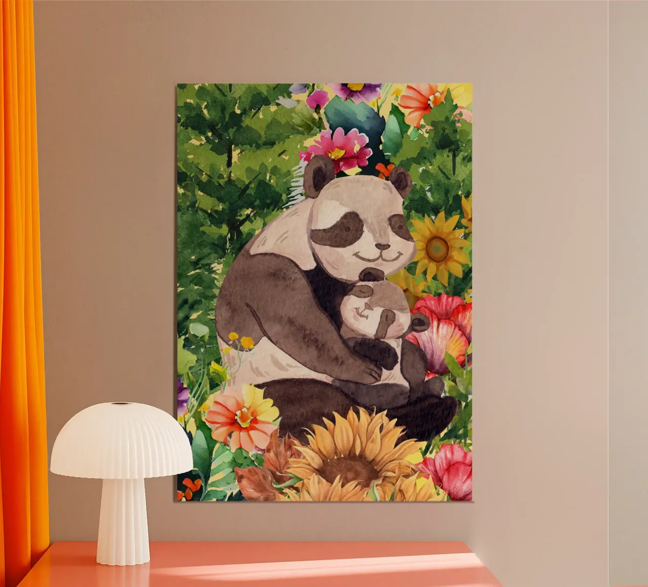 Illustrazione ad acquerello di madre e cucciolo di panda poster con telaio in alluminio da Berwies Artwork