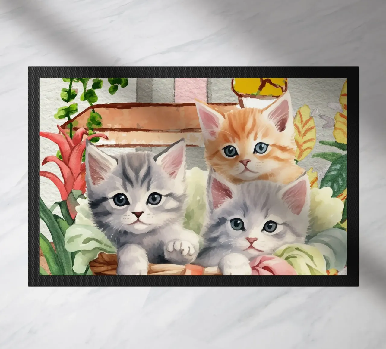 Gattini acquerellati in cesto con fiori zerbino da Berwies Artwork
