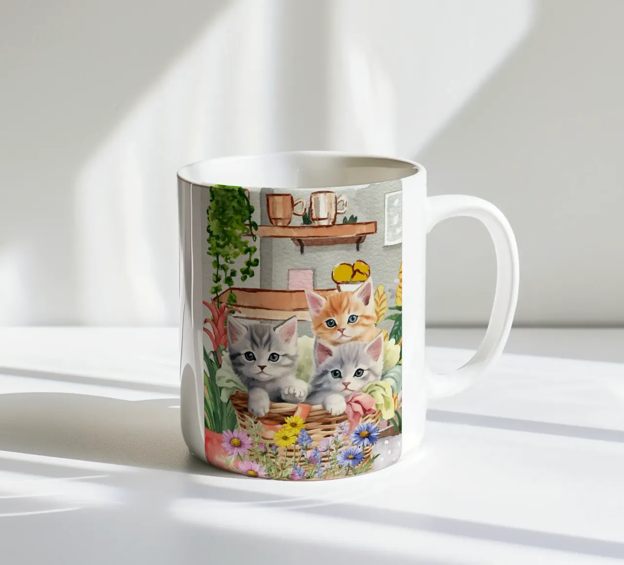 Gattini acquerellati in cesto con fiori tazza in ceramica da Berwies Artwork