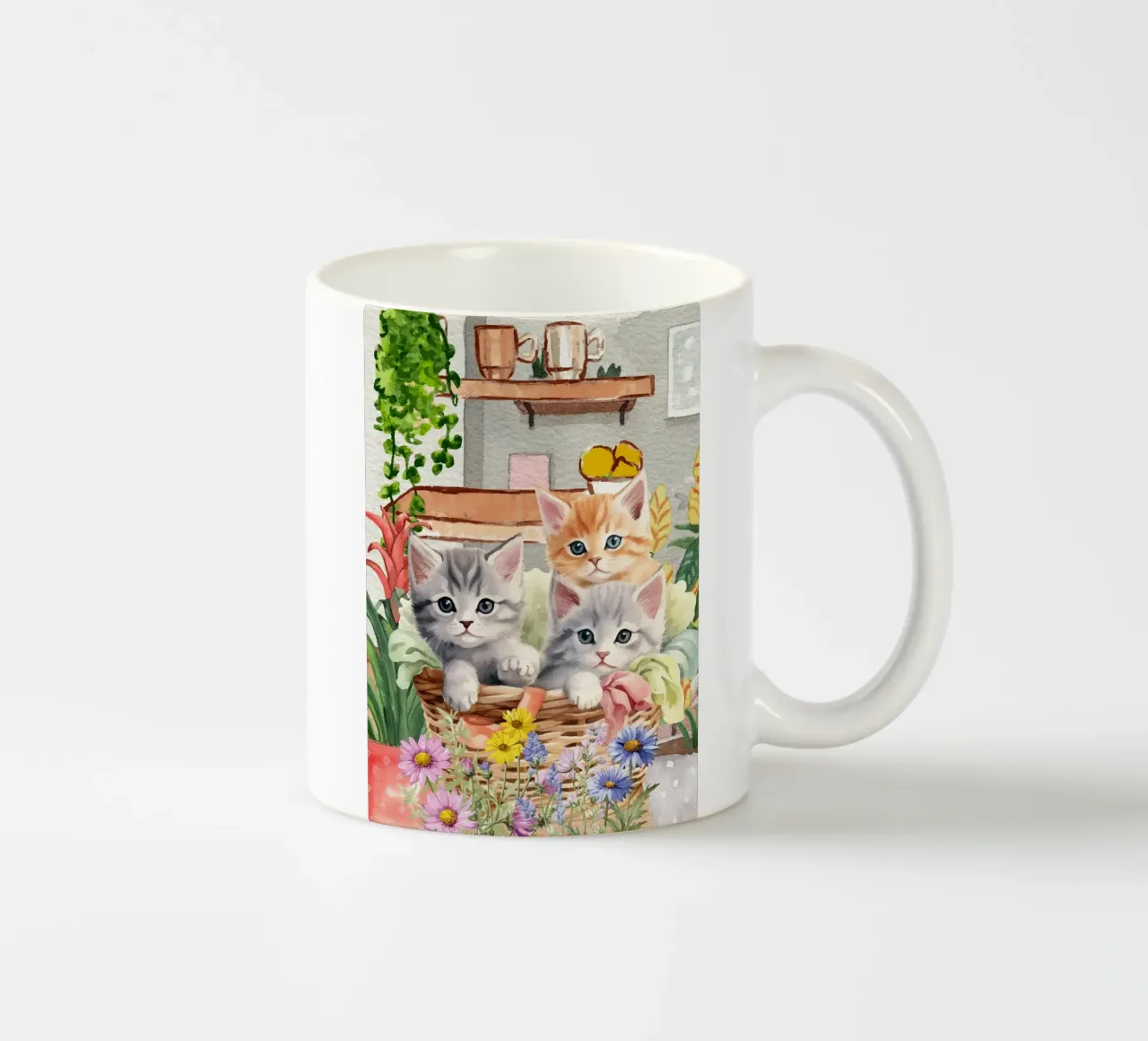 Gattini acquerellati in cesto con fiori tazza in ceramica da Berwies Artwork