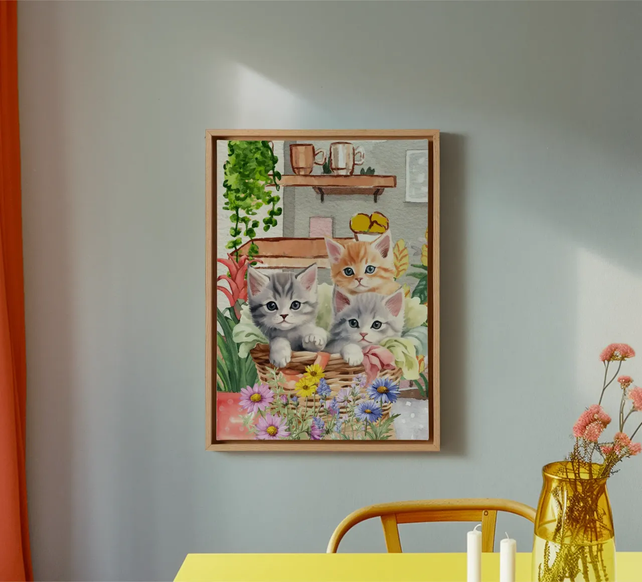 Gattini acquerellati in cesto con fiori tela con Cornice a cassetta da Berwies Artwork