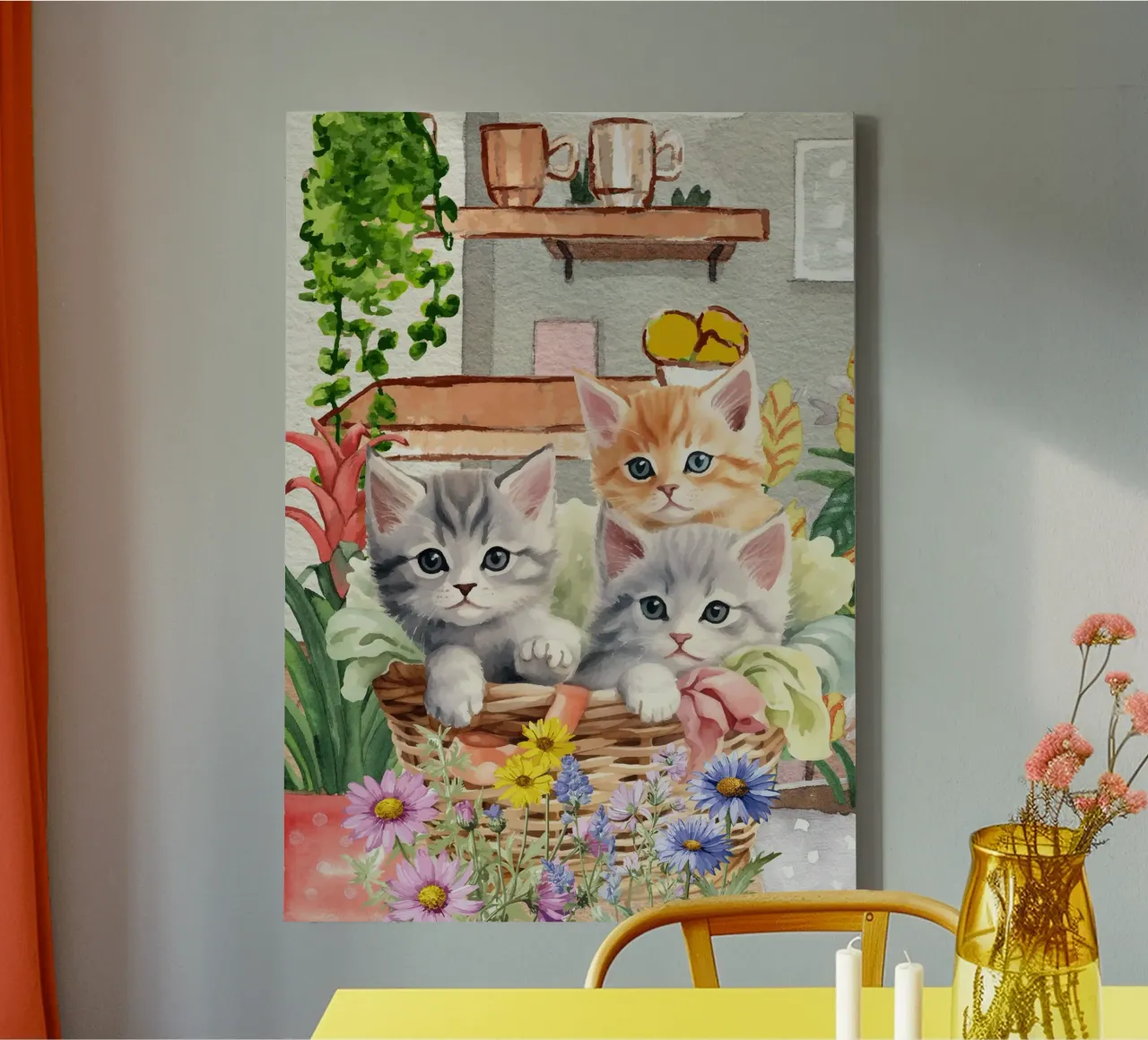 Gattini acquerellati in cesto con fiori tela con Cornice a cassetta da Berwies Artwork