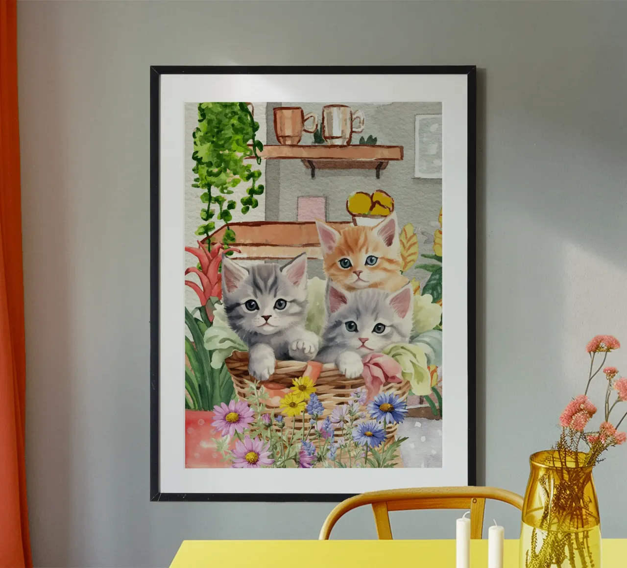 Gattini acquerellati in cesto con fiori poster con telaio in alluminio da Berwies Artwork